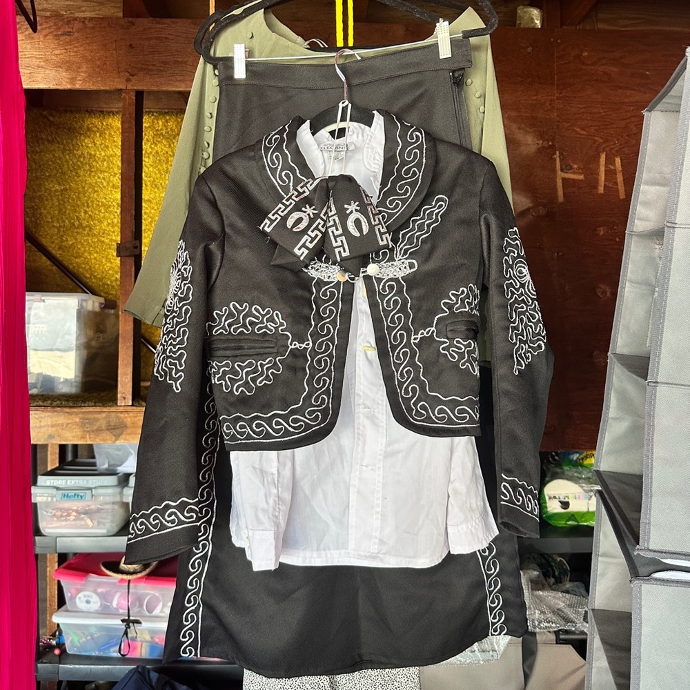 Black and White Embroidered Jacket and Skirt Set